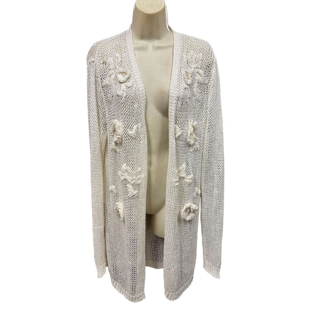 Lamberto Lasani Open Faced Open Weave Linen Long Cardigan in Ecru NWT Size 44/ U